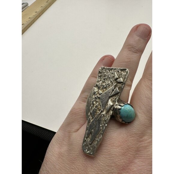VTG Huge Brutalist Modernist Sterling Silver Turquoise Ring Signed DW Size 8.5 - Picture 14 of 14
